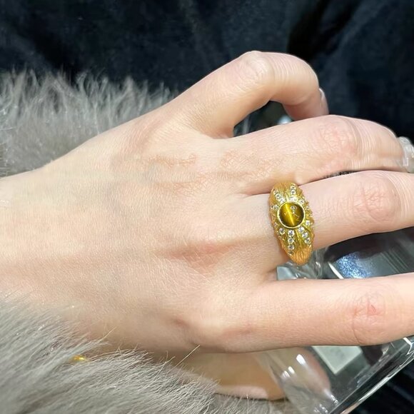 Men's Women's 14k Gold Plated Solid Sterling Silver Tiger's Eye ced CZ Ring - Picture 4 of 6